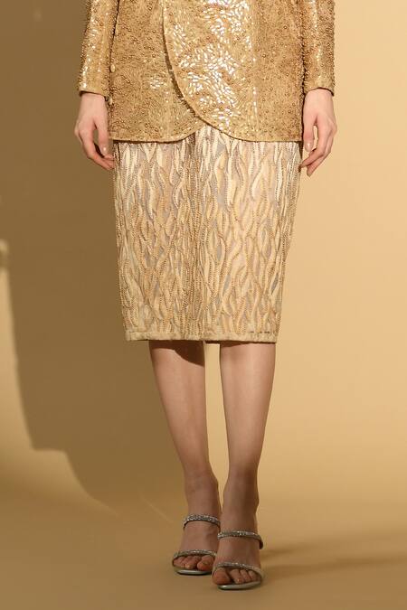 Buy Geisha Designs Beige Nylon Embroidered Sequins Shawl Lapel Jacket And Skirt Set Online at Aza Fashions Buy_Geisha Designs_Beige Nylon Embroidered Sequins Shawl Lapel Jacket And Skirt Set _Online_at_Aza_Fashions