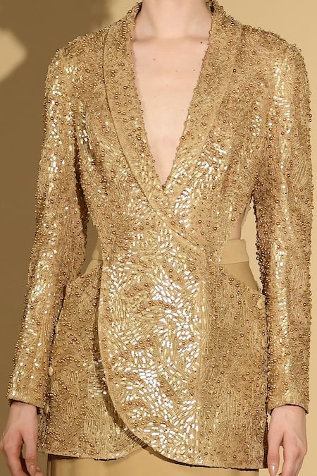 Geisha Designs Gold Nylon Embroidered Sequins Shawl Lapel Jacket And Long Skirt Set Online at Aza Fashions Geisha Designs_Gold Nylon Embroidered Sequins Shawl Lapel Jacket And Long Skirt Set _Online_at_Aza_Fashions