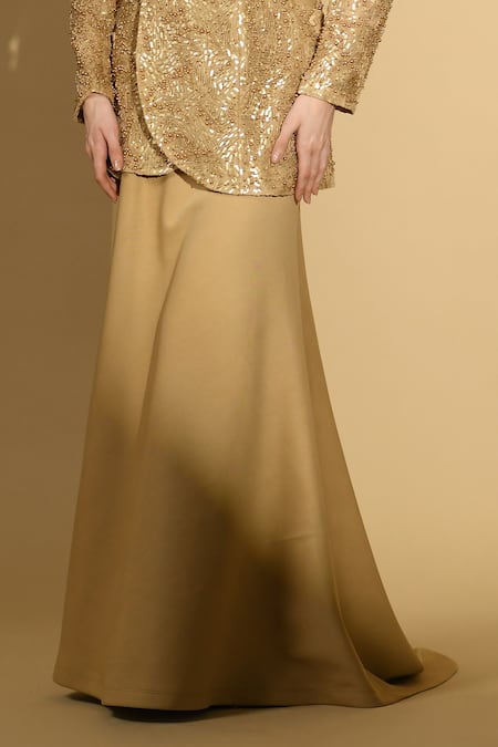 Buy Geisha Designs Gold Nylon Embroidered Sequins Shawl Lapel Jacket And Long Skirt Set Online at Aza Fashions Buy_Geisha Designs_Gold Nylon Embroidered Sequins Shawl Lapel Jacket And Long Skirt Set _Online_at_Aza_Fashions