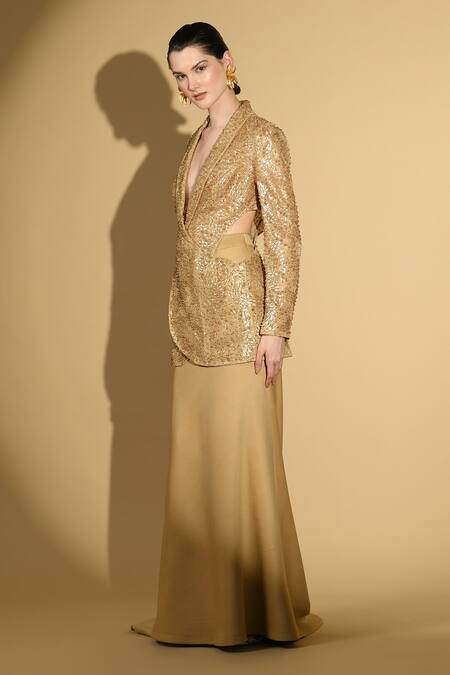 Shop Geisha Designs Gold Nylon Embroidered Sequins Shawl Lapel Jacket And Long Skirt Set Online at Aza Fashions Shop_Geisha Designs_Gold Nylon Embroidered Sequins Shawl Lapel Jacket And Long Skirt Set _Online_at_Aza_Fashions