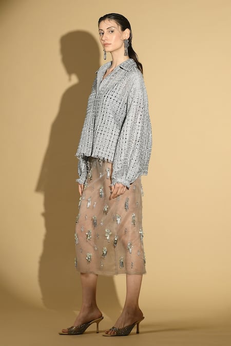 Buy Geisha Designs Grey Zari Embroidered Beads Collared Neck Top And Sheer Skirt Set Online at Aza Fashions Buy_Geisha Designs_Grey Zari Embroidered Beads Collared Neck Top And Sheer Skirt Set _Online_at_Aza_Fashions