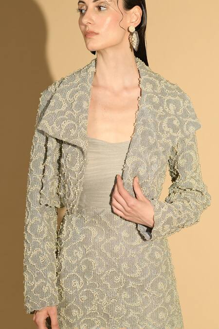 Geisha Designs Grey Nylon Embroidered Beads Jacket Spread Collar Dress With Online at Aza Fashions Geisha Designs_Grey Nylon Embroidered Beads Jacket Spread Collar Dress With _Online_at_Aza_Fashions