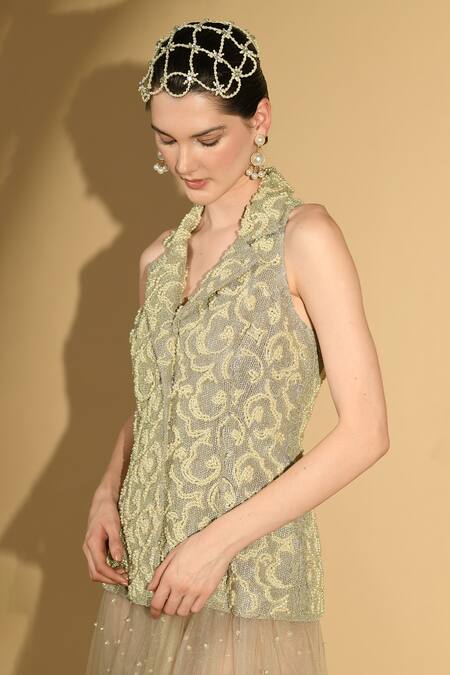 Geisha Designs Grey Nylon Embroidered Beads Lapel Collar Dress With Jacket Online at Aza Fashions Geisha Designs_Grey Nylon Embroidered Beads Lapel Collar Dress With Jacket _Online_at_Aza_Fashions