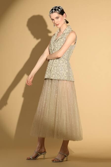 Buy Geisha Designs Grey Nylon Embroidered Beads Lapel Collar Dress With Jacket Online at Aza Fashions Buy_Geisha Designs_Grey Nylon Embroidered Beads Lapel Collar Dress With Jacket _Online_at_Aza_Fashions