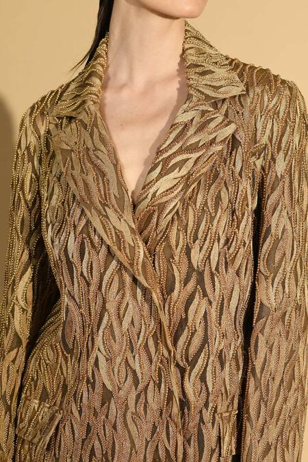 Geisha Designs Brown Nylon Embroidered Beads Lapel Collar Thread Short Dress Online at Aza Fashions Geisha Designs_Brown Nylon Embroidered Beads Lapel Collar Thread Short Dress _Online_at_Aza_Fashions