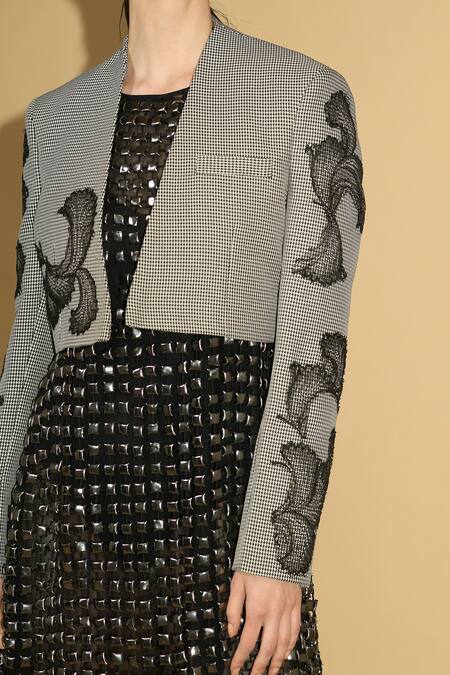 Geisha Designs Black Nylon Embellishments Metallic Zig-zag Pattern Jacket With Dress Online at Aza Fashions Geisha Designs_Black Nylon Embellishments Metallic Zig-zag Pattern Jacket With Dress _Online_at_Aza_Fashions