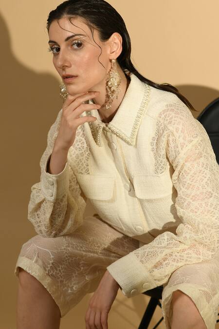 Geisha Designs Off White Nylon Embroidered Beads Collared Neck Jacket And Culottes Set Online at Aza Fashions Geisha Designs_Off White Nylon Embroidered Beads Collared Neck Jacket And Culottes Set _Online_at_Aza_Fashions