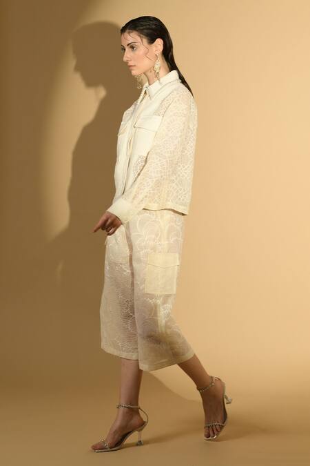 Geisha Designs Off White Nylon Embroidered Beads Collared Neck Jacket And Culottes Set at Aza Fashions Geisha Designs_Off White Nylon Embroidered Beads Collared Neck Jacket And Culottes Set _at_Aza_Fashions