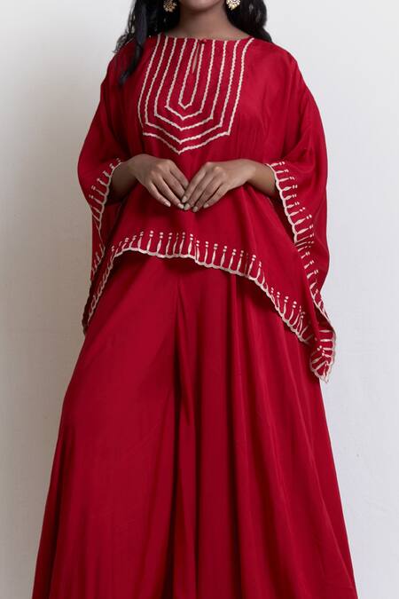 Brij_Red Silk Embroidery Scalloped Hem Cape And Flared Pant Set _at_Aza_Fashions