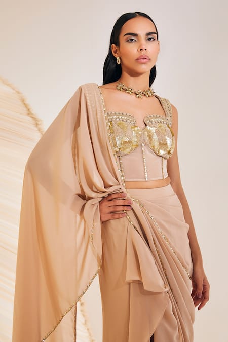 Divya Aggarwal Beige Georgette, Satin, Tulle Hertha Pre-draped Saree With Corset Blouse Online at Aza Fashions Divya Aggarwal_Beige Georgette, Satin, Tulle Hertha Pre-draped Saree With Corset Blouse _Online_at_Aza_Fashions