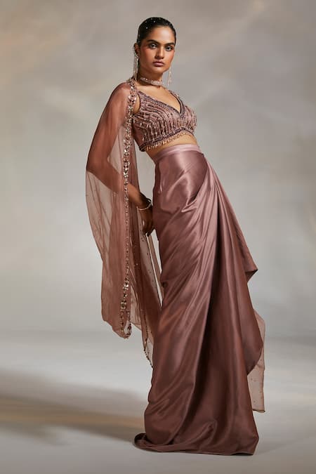 Buy_Divya Aggarwal_Brown Satin, Organza Beads, Tassels Plunge Neck Debro Cape Skirt Set _Online_at_Aza_Fashions