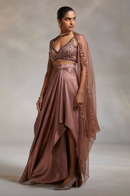 Divya Aggarwal Pink Satin Sequins, Cut Work V-neck Viven Hand Embroidered Cape Skirt Set Online at Aza Fashions Divya Aggarwal_Pink Satin Sequins, Cut Work V-neck Viven Hand Embroidered Cape Skirt Set _Online_at_Aza_Fashions