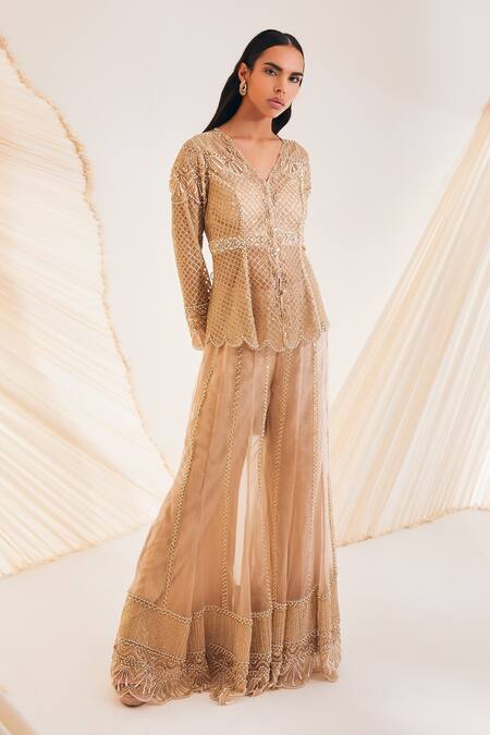 Divya Aggarwal Beige Kurta And Sharara Organza Embellished Crystal V Neck Pearl & Sequin Set Online at Aza Fashions Divya Aggarwal_Beige Kurta And Sharara Organza Embellished Crystal V Neck Pearl & Sequin Set _Online_at_Aza_Fashions