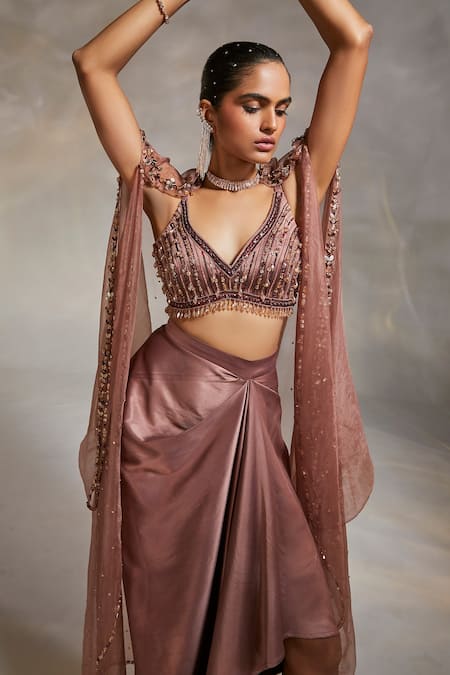 Shop_Divya Aggarwal_Brown Satin, Organza Beads, Tassels Plunge Neck Debro Cape Skirt Set _Online_at_Aza_Fashions