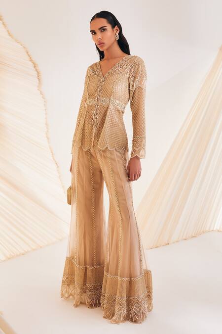 Buy Divya Aggarwal Beige Kurta And Sharara Organza Embellished Crystal V Neck Pearl & Sequin Set Online at Aza Fashions Buy_Divya Aggarwal_Beige Kurta And Sharara Organza Embellished Crystal V Neck Pearl & Sequin Set _Online_at_Aza_Fashions