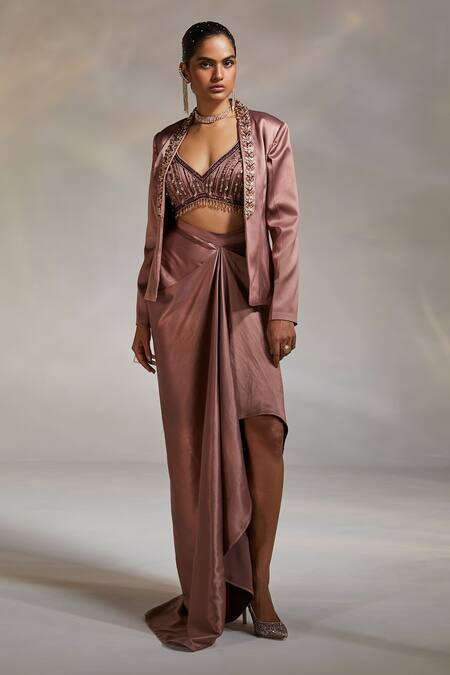 Divya Aggarwal Pink Satin Sequins, Crystals V-neck Debro Hand Embroidered Blazer Skirt Set Online at Aza Fashions Divya Aggarwal_Pink Satin Sequins, Crystals V-neck Debro Hand Embroidered Blazer Skirt Set _Online_at_Aza_Fashions