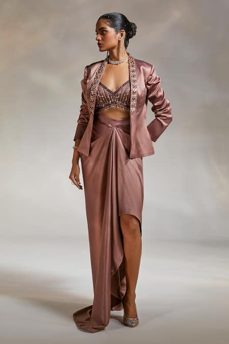 Divya Aggarwal_Brown Satin Beads, Tassels Plunge Neck Debro Blazer Skirt Set _Online_at_Aza_Fashions