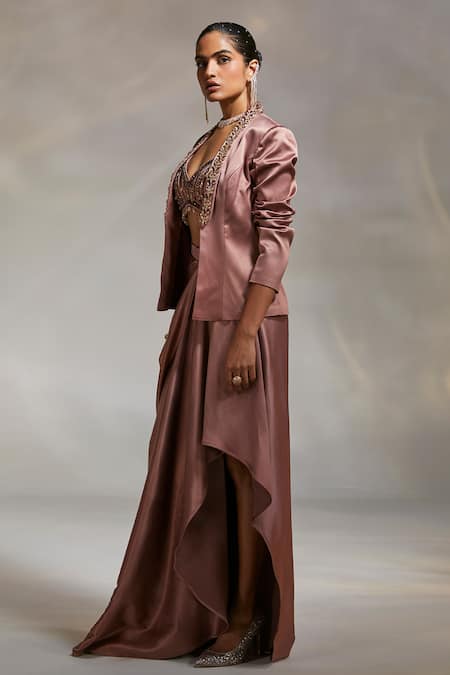 Buy Divya Aggarwal Pink Satin Sequins, Crystals V-neck Debro Hand Embroidered Blazer Skirt Set Online at Aza Fashions Buy_Divya Aggarwal_Pink Satin Sequins, Crystals V-neck Debro Hand Embroidered Blazer Skirt Set _Online_at_Aza_Fashions