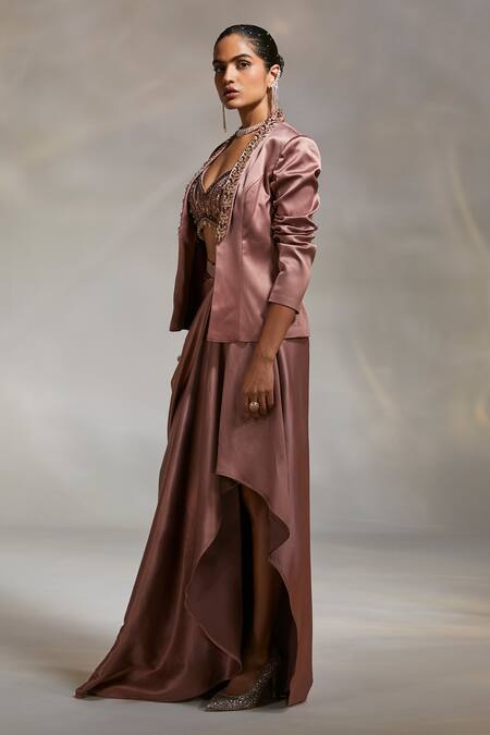 Buy_Divya Aggarwal_Brown Satin Beads, Tassels Plunge Neck Debro Blazer Skirt Set _Online_at_Aza_Fashions