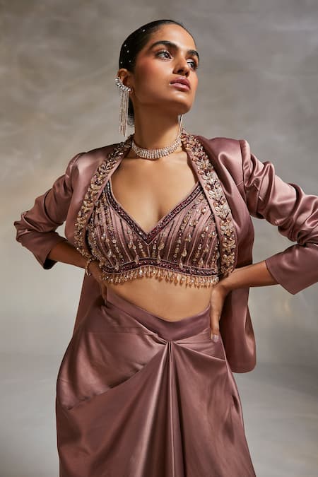 Shop Divya Aggarwal Pink Satin Sequins, Crystals V-neck Debro Hand Embroidered Blazer Skirt Set Online at Aza Fashions Shop_Divya Aggarwal_Pink Satin Sequins, Crystals V-neck Debro Hand Embroidered Blazer Skirt Set _Online_at_Aza_Fashions