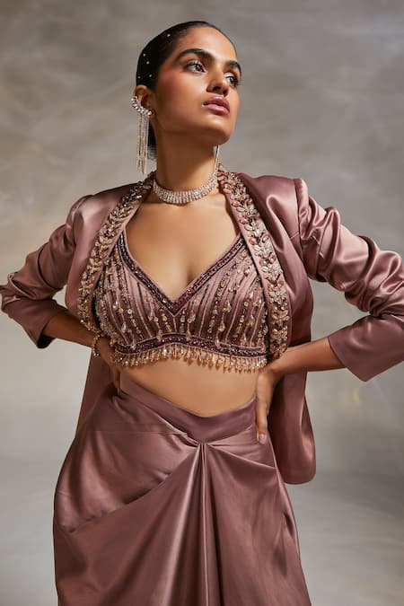 Shop_Divya Aggarwal_Brown Satin Beads, Tassels Plunge Neck Debro Blazer Skirt Set _Online_at_Aza_Fashions
