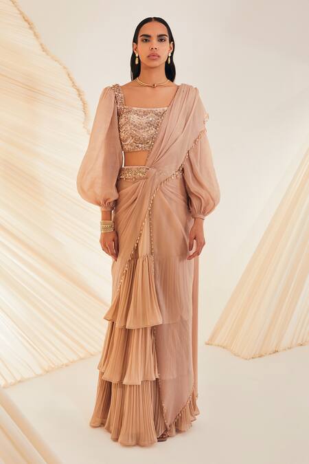 Divya Aggarwal Beige Velvet, Crepe Sequins, Chloe Pre-draped Ruffle Trim Saree With Blouse Online at Aza Fashions Divya Aggarwal_Beige Velvet, Crepe Sequins, Chloe Pre-draped Ruffle Trim Saree With Blouse _Online_at_Aza_Fashions