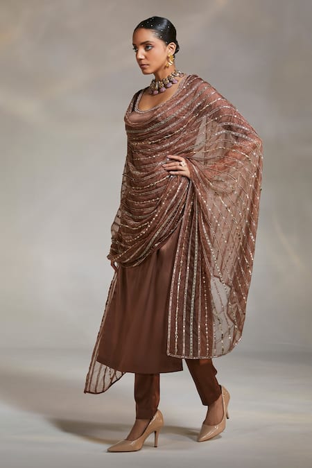 Buy Divya Aggarwal Brown Kurta And Pant Heavy Satin Dupatta Organza Rocio Embellished With Set Online at Aza Fashions Buy_Divya Aggarwal_Brown Kurta And Pant Heavy Satin Dupatta Organza Rocio Embellished With Set _Online_at_Aza_Fashions