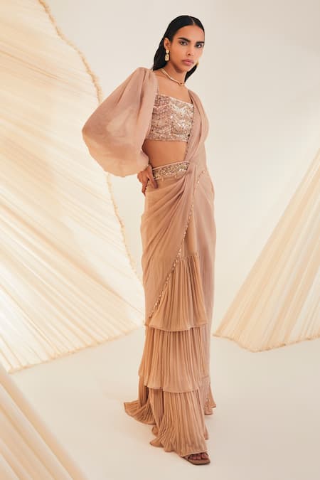 Buy Divya Aggarwal Beige Velvet, Crepe Sequins, Chloe Pre-draped Ruffle Trim Saree With Blouse Online at Aza Fashions Buy_Divya Aggarwal_Beige Velvet, Crepe Sequins, Chloe Pre-draped Ruffle Trim Saree With Blouse _Online_at_Aza_Fashions