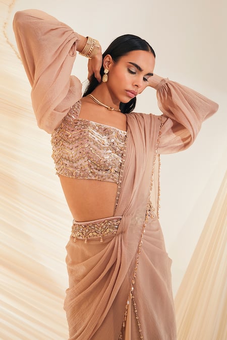 Shop Divya Aggarwal Beige Velvet, Crepe Sequins, Chloe Pre-draped Ruffle Trim Saree With Blouse Online at Aza Fashions Shop_Divya Aggarwal_Beige Velvet, Crepe Sequins, Chloe Pre-draped Ruffle Trim Saree With Blouse _Online_at_Aza_Fashions