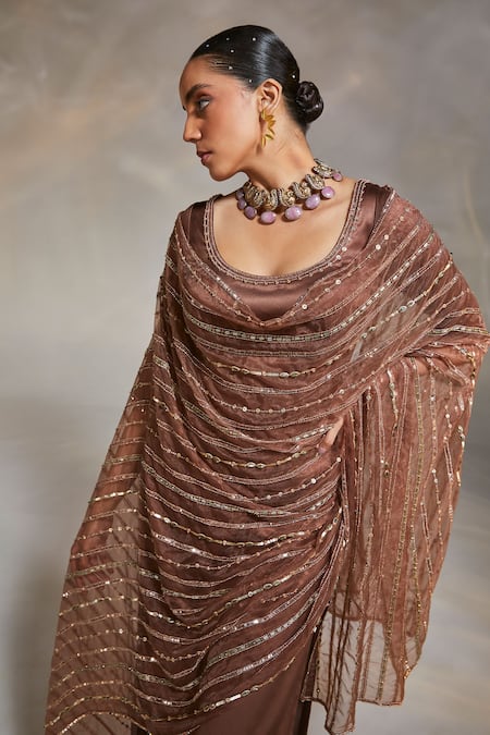 Buy Divya Aggarwal Brown Kurta And Pant Heavy Satin Dupatta Organza Rocio Embellished With Set Buy_Divya Aggarwal_Brown Kurta And Pant Heavy Satin Dupatta Organza Rocio Embellished With Set