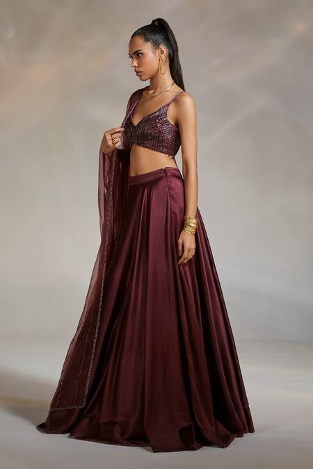 Divya Aggarwal_Wine Blouse Georgette Lehenga Heavy Satin Dupatta Organza Alano Flared Set_Online_at_Aza_Fashions