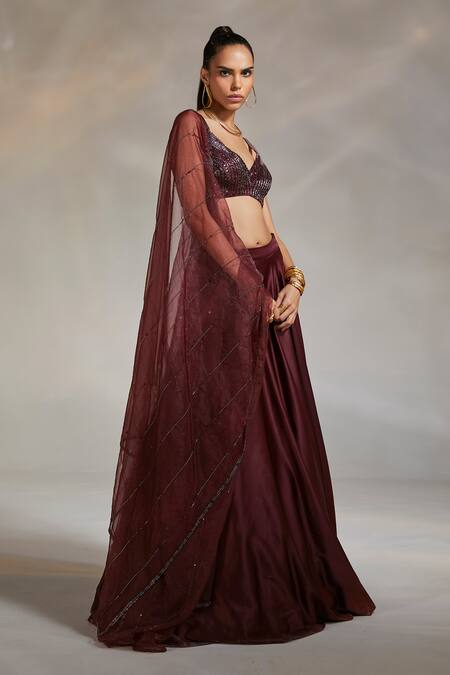 Buy_Divya Aggarwal_Wine Blouse Georgette Lehenga Heavy Satin Dupatta Organza Alano Flared Set_Online_at_Aza_Fashions