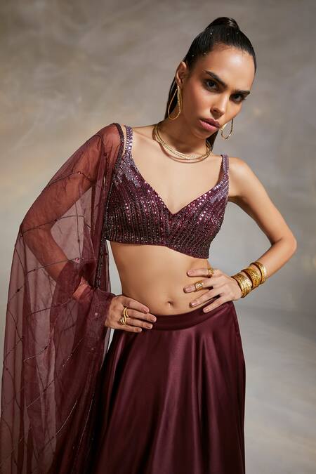 Shop_Divya Aggarwal_Wine Blouse Georgette Lehenga Heavy Satin Dupatta Organza Alano Flared Set_Online_at_Aza_Fashions