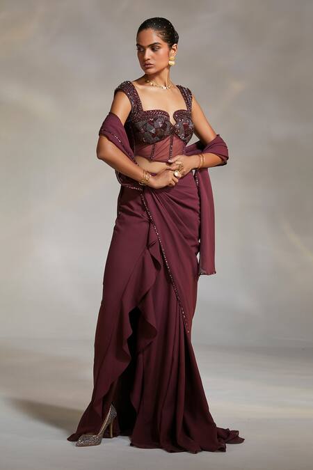 Divya Aggarwal_Wine Corset Satin And Lycra Mesh Saree Georgette Vero Pre-draped With Blouse_Online_at_Aza_Fashions