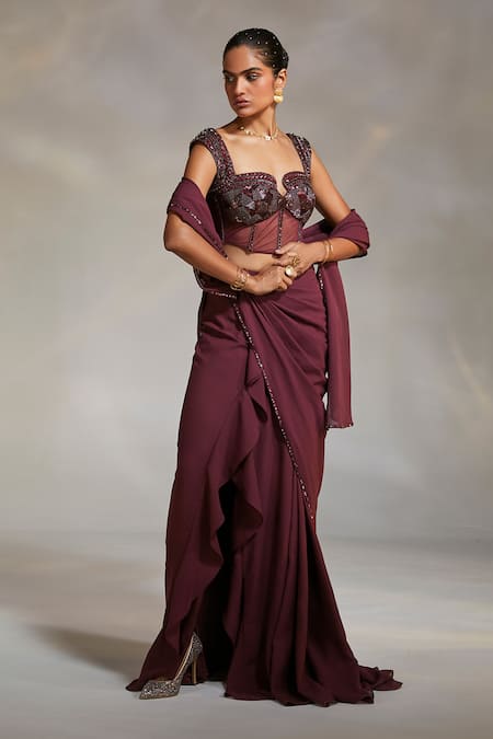 Buy Divya Aggarwal Wine Georgette, Satin, Lycra Vero Pre-draped Saree With Embellished Blouse Online at Aza Fashions Buy_Divya Aggarwal_Wine Georgette, Satin, Lycra Vero Pre-draped Saree With Embellished Blouse _Online_at_Aza_Fashions