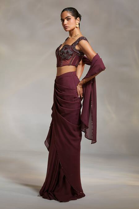 Buy_Divya Aggarwal_Wine Corset Satin And Lycra Mesh Saree Georgette Vero Pre-draped With Blouse_Online_at_Aza_Fashions