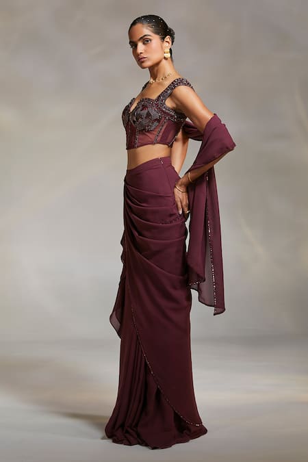 Shop Divya Aggarwal Wine Georgette, Satin, Lycra Vero Pre-draped Saree With Embellished Blouse Online at Aza Fashions Shop_Divya Aggarwal_Wine Georgette, Satin, Lycra Vero Pre-draped Saree With Embellished Blouse _Online_at_Aza_Fashions