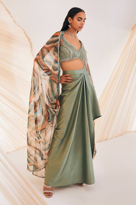 Buy Divya Aggarwal Green Satin Embroidery V-neck Multi Color Marble Effect Cape Skirt Set Online at Aza Fashions Buy_Divya Aggarwal_Green Satin Embroidery V-neck Multi Color Marble Effect Cape Skirt Set _Online_at_Aza_Fashions