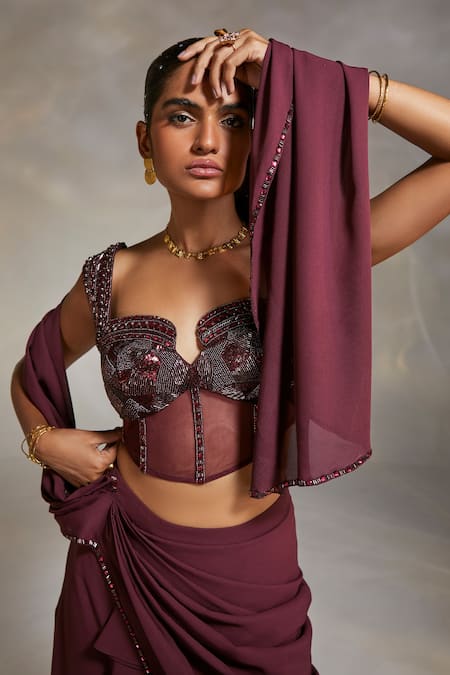 Shop_Divya Aggarwal_Wine Corset Satin And Lycra Mesh Saree Georgette Vero Pre-draped With Blouse_Online_at_Aza_Fashions