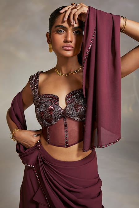 Divya Aggarwal Wine Georgette, Satin, Lycra Vero Pre-draped Saree With Embellished Blouse at Aza Fashions Divya Aggarwal_Wine Georgette, Satin, Lycra Vero Pre-draped Saree With Embellished Blouse _at_Aza_Fashions