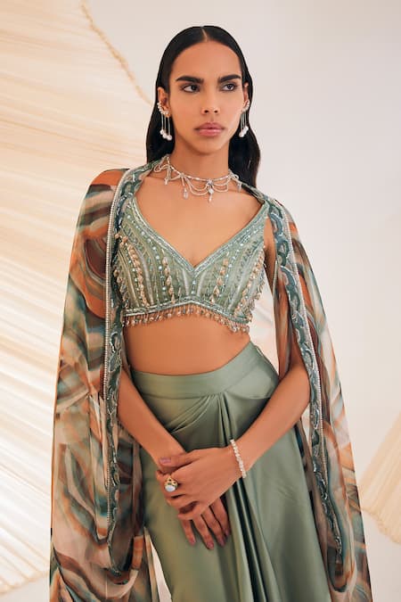 Shop Divya Aggarwal Green Satin Embroidery V-neck Multi Color Marble Effect Cape Skirt Set Online at Aza Fashions Shop_Divya Aggarwal_Green Satin Embroidery V-neck Multi Color Marble Effect Cape Skirt Set _Online_at_Aza_Fashions
