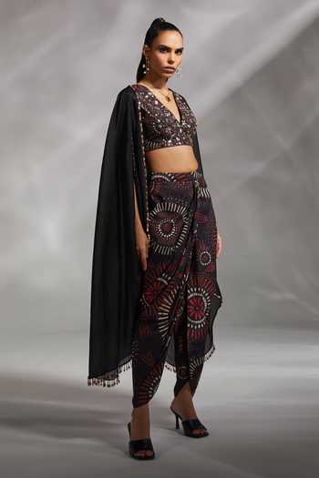Divya Aggarwal_Black Blouse And Dhoti Pant Silk Dupion, Cape Crushed Zelda Embellished Set_Online_at_Aza_Fashions