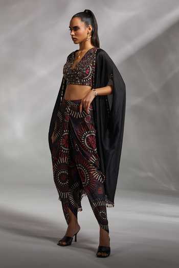 Buy_Divya Aggarwal_Black Blouse And Dhoti Pant Silk Dupion, Cape Crushed Zelda Embellished Set_Online_at_Aza_Fashions