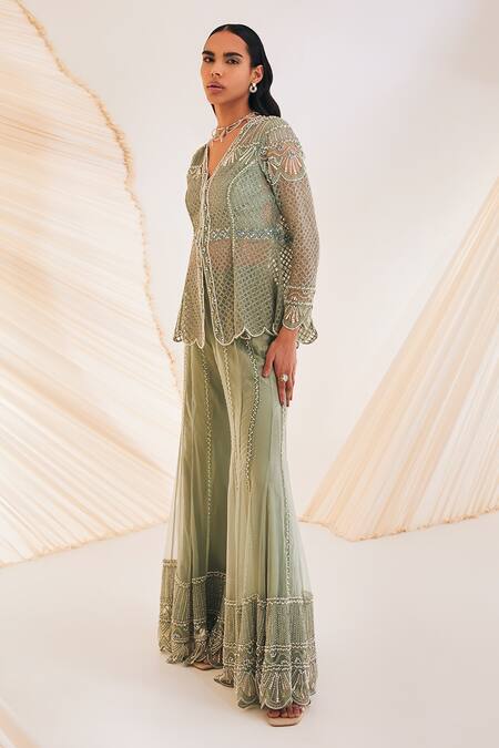 Divya Aggarwal Green Organza, Silk Pearls, Cut Work Teigen Hand Embroidered Trellis Kurta Set Online at Aza Fashions Divya Aggarwal_Green Organza, Silk Pearls, Cut Work Teigen Hand Embroidered Trellis Kurta Set _Online_at_Aza_Fashions