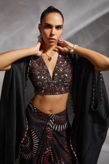 Shop_Divya Aggarwal_Black Blouse And Dhoti Pant Silk Dupion, Cape Crushed Zelda Embellished Set_Online_at_Aza_Fashions