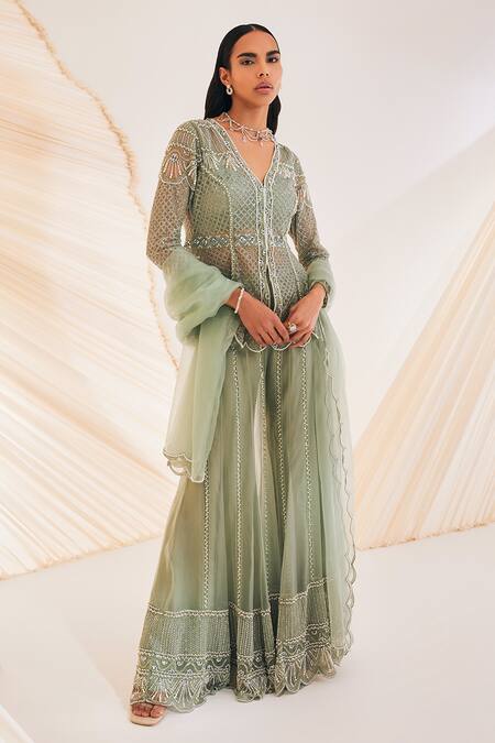 Buy Divya Aggarwal Green Organza, Silk Pearls, Cut Work Teigen Hand Embroidered Trellis Kurta Set Online at Aza Fashions Buy_Divya Aggarwal_Green Organza, Silk Pearls, Cut Work Teigen Hand Embroidered Trellis Kurta Set _Online_at_Aza_Fashions