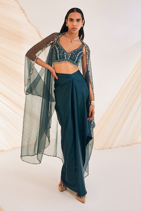 Divya Aggarwal Green Satin Crystals, Sequins Vivien Hand Embroidered Sheer Cape Skirt Set Online at Aza Fashions Divya Aggarwal_Green Satin Crystals, Sequins Vivien Hand Embroidered Sheer Cape Skirt Set _Online_at_Aza_Fashions