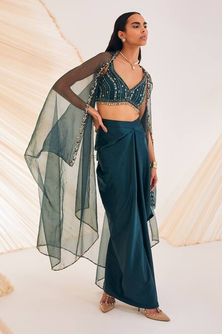 Buy Divya Aggarwal Green Satin Crystals, Sequins Vivien Hand Embroidered Sheer Cape Skirt Set Online at Aza Fashions Buy_Divya Aggarwal_Green Satin Crystals, Sequins Vivien Hand Embroidered Sheer Cape Skirt Set _Online_at_Aza_Fashions