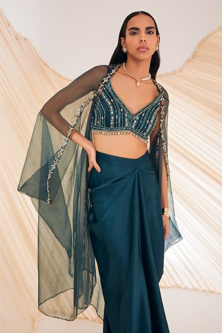 Shop Divya Aggarwal Green Satin Crystals, Sequins Vivien Hand Embroidered Sheer Cape Skirt Set Online at Aza Fashions Shop_Divya Aggarwal_Green Satin Crystals, Sequins Vivien Hand Embroidered Sheer Cape Skirt Set _Online_at_Aza_Fashions