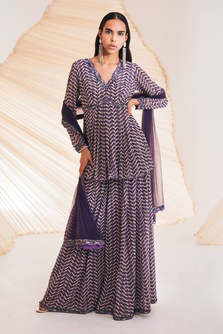 Divya Aggarwal Purple Georgette, Organza Crystals V-neck Meadow Swirl Print Kurta Sharara Set Online at Aza Fashions Divya Aggarwal_Purple Georgette, Organza Crystals V-neck Meadow Swirl Print Kurta Sharara Set _Online_at_Aza_Fashions